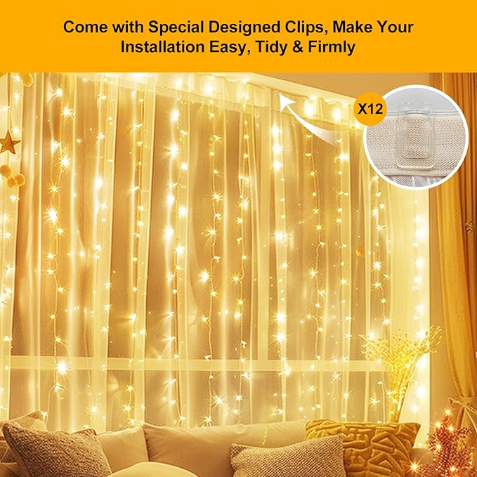 Fairy Curtain Lights Upgraded Tangle-Free Warm White USB Plug in 8 Modes String Hanging Lights with Remote for Christmas, Bedroom, Indoor, Outdoor, Weddings, Party (6.6FTx6.6FT)