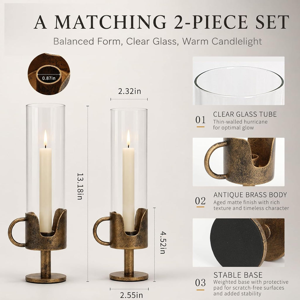 Antique Brass Hurricane Candle Holders with Clear Glass Tube, Set of 2 Vintage Taper Candlestick Holders for Dining Table Centerpiece & Fireplace Mantle Decor, 13.2" Tall