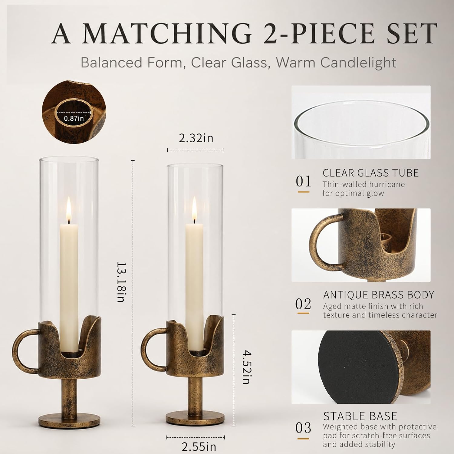 Antique Brass Hurricane Candle Holders with Clear Glass Tube, Set of 2 Vintage Taper Candlestick Holders for Dining Table Centerpiece & Fireplace Mantle Decor, 13.2" Tall