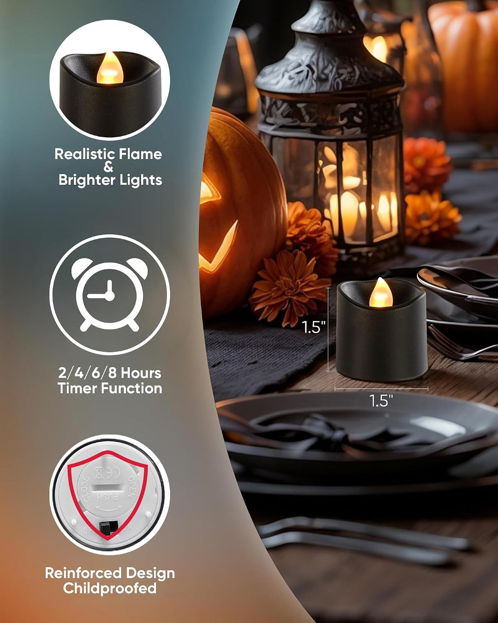 Homemory 12Pack 400+Hour Remote Control Flameless Candles, 2/4/6/8H Timer Led Votive Candles, Battery Operated Tea Lights for Wedding Table Centerpiece, Holidays, Halloween Pumpkins-Black Base