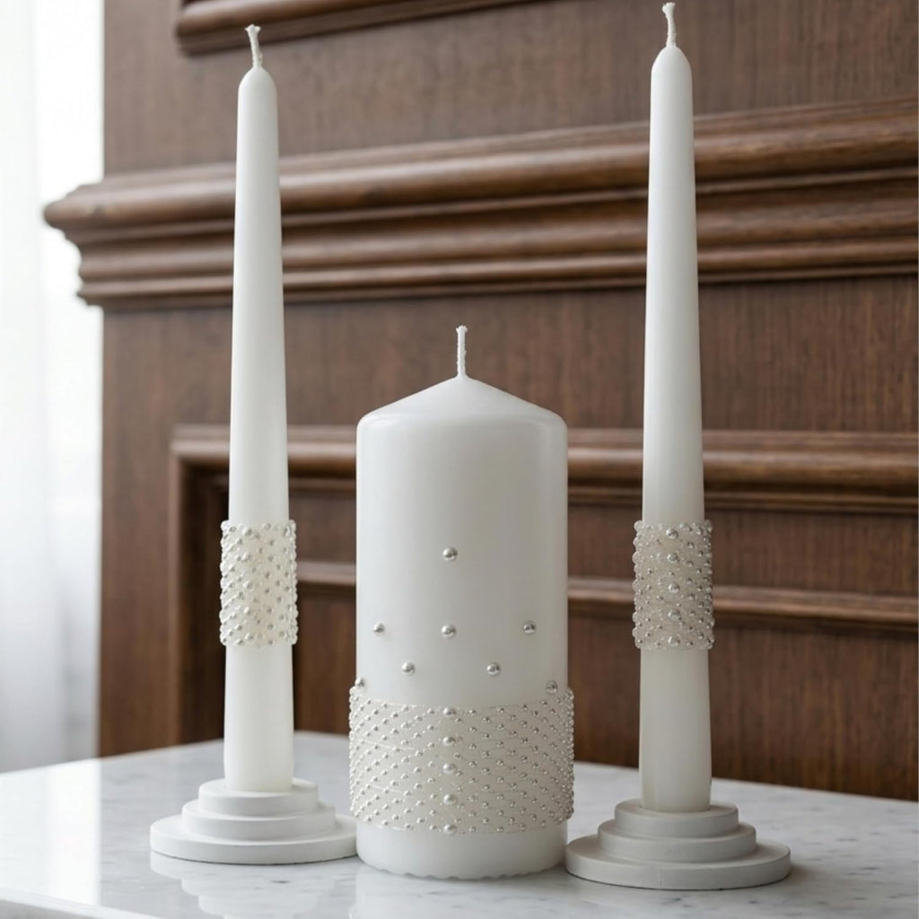 Unity Candle Set - Wedding Ceremony & Reception Candle– 6” Pillar & Two 10” Taper Candles – Long Burning Unity Candles for Marriage Ritual – Handmade in USA – White |Pearls| Luxury