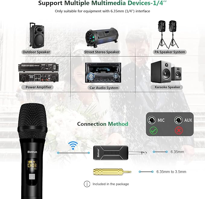 Bietrun Wireless Microphone Dynamic Mic System with Rechargeable Receiver, 1/4" Output, for Karaoke, Church, Speech, Wedding, Party Singing(160 ft Range)-Auto Connect