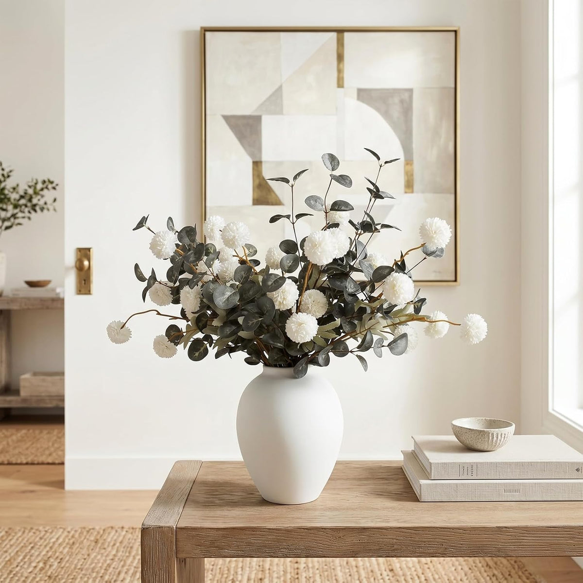 artificial floral arrangements with vase, centerpiece for dining showing dimensions