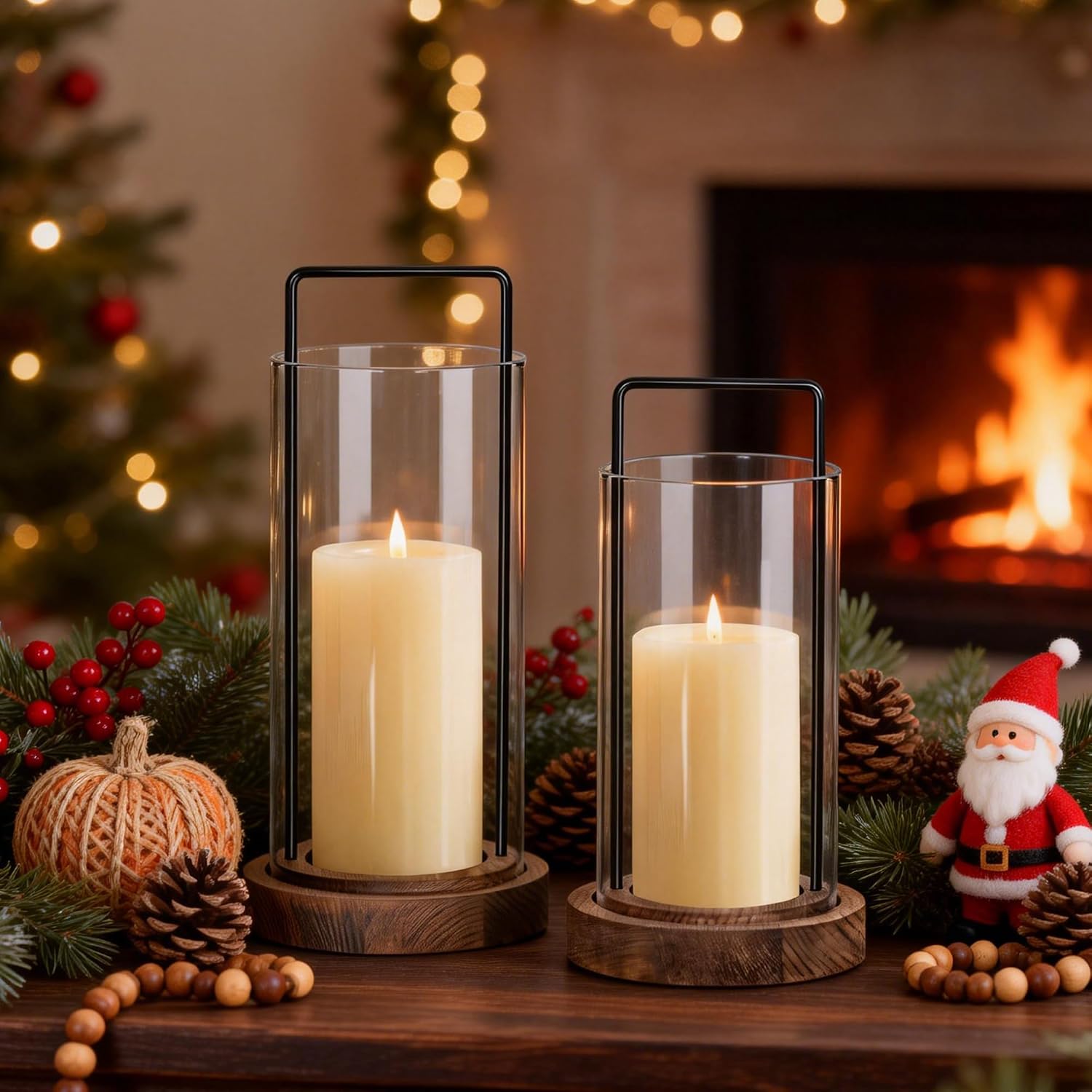 Houmury Farmhouse Candle Holder Decor Boho Glass Hurricane Lantern for Table Centerpieces Set of 2 Decorative Wood Metal Candle Holders for Living Room Dining Patio Home Decoration (Brown)