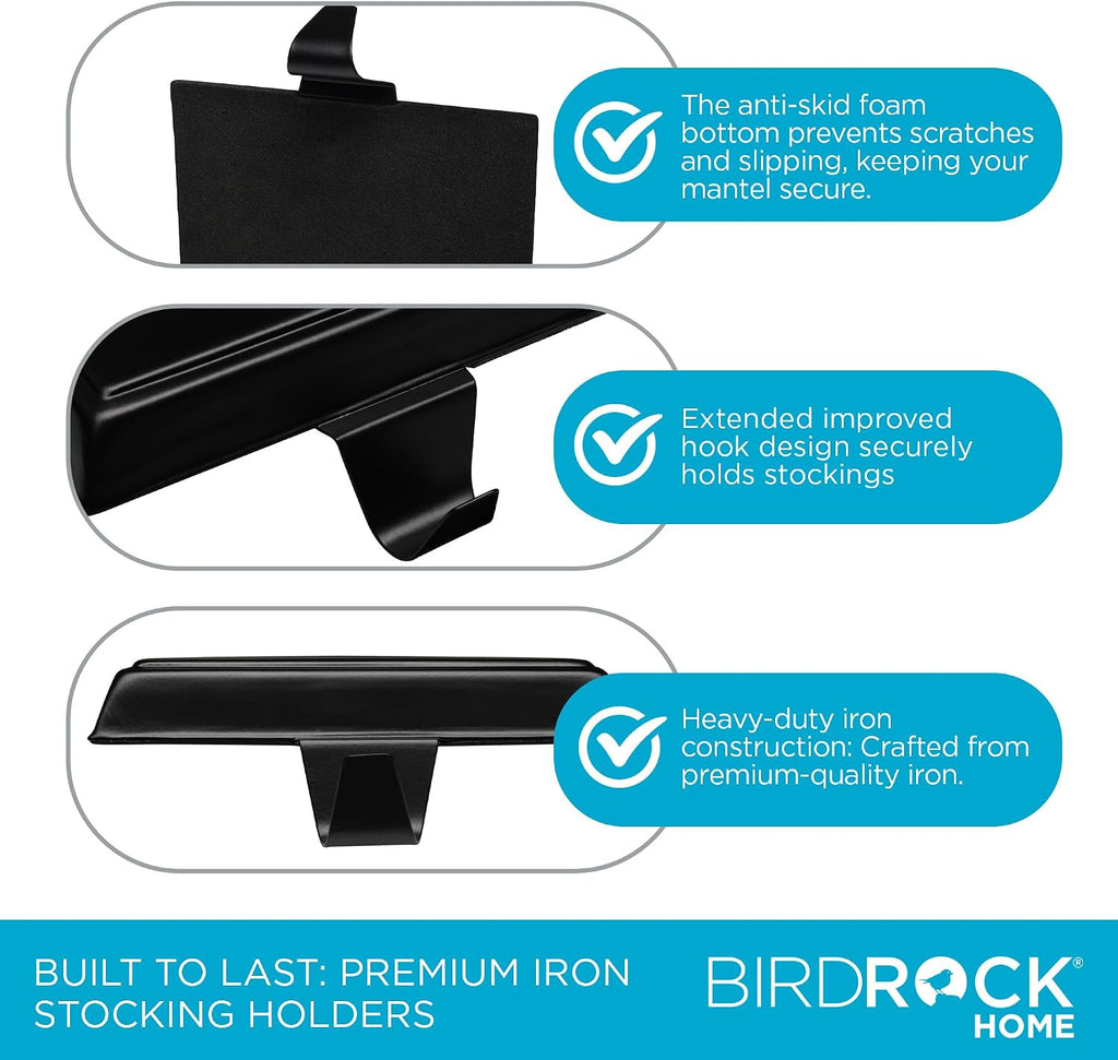 BIRDROCK HOME 4pk Flat Top Holiday Stocking Holder for Mantle | Black Finish with Non-Scratch Base | Fireplace Hook for Christmas Stockings Decor