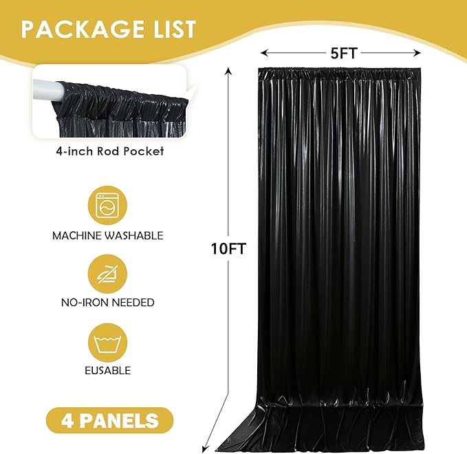 gogoparti 20x10FT Black Sequin Backdrop Curtain - 4 Panels of 5x10FT Wrinkle-Free Glitter Drapes for Photography, Birthdays, Weddings & Graduations
