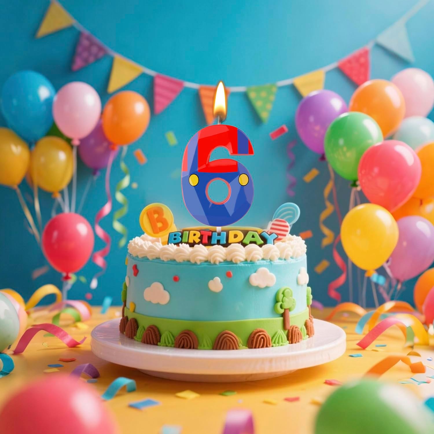 Blue Red Cartoon Game Candle Numeral Birthday Candles Cake Topper Decorations for Boys Girls Kids Cartoon Themed Party Supplies (Number 6)