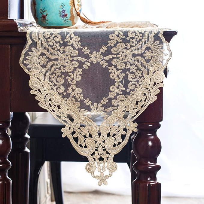 ARTABLE Rectangle Table Runner Lace Macrame Embroidered Table Runners with Exquisite Vintage Shabby Chic for Holiday Wedding Long Dinner Tables (Light Gold, 12 x 96 Inch)