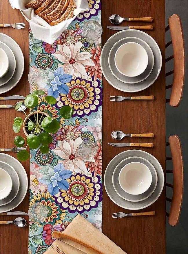 Boho Flowers Cotton Linen Table Runner for Dining Kitchen, Wedding Outdoor Party Tablerunners Decoration, Colorful Floral Farm Vintage Botanical Dresser Scarf Coffee Tablecloth Runners 13x36 Inches