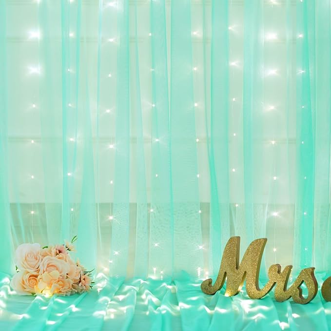Sage Green Tulle Backdrop Curtains with Lights String for Parites 10x10ft Sheer Backdrop Curtains Drapes for Birthday Party Bridal Shower Baby Shower Christmas Wall Photo Booth Background Decorations