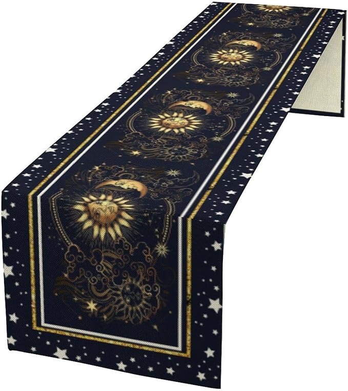Sun Moon Table Runner, Seasonal Golden Sun Moon Holiday Kitchen Dining Table Runner for Kitchen Living Room Home Party Decor 13x60 Inch