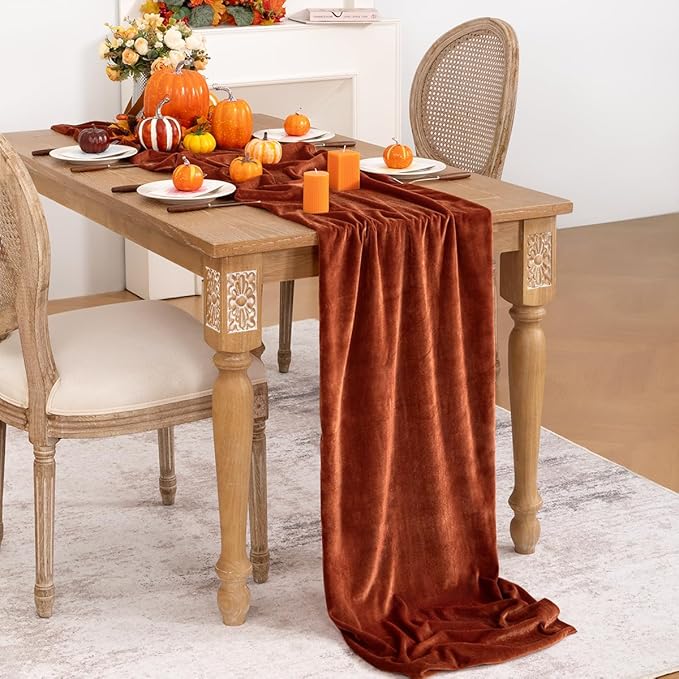 Terracotta Velvet Table Runner Fall Thanksgiving Burnt Orange Table Runner 20 x 120 Inch Luxurious Elegant Velvet Fabric Rust Red Decorations for Christmas Dinner Wedding Bridal Baby Shower