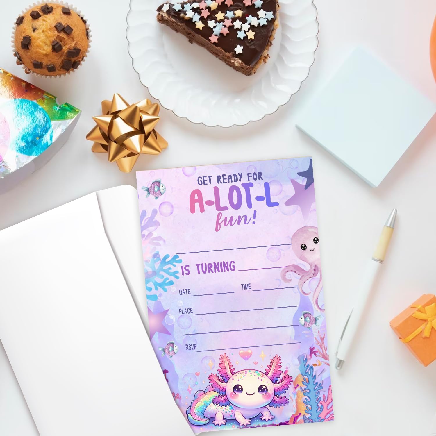 Axolotl Birthday Party Invitation Cards for Kids, 20 Party Invites with Envelopes, Cute Purple Ocean Animal Birthday Invitations for Boys Girls Teens Children, Axolotl Birthday Party Decorations -L860