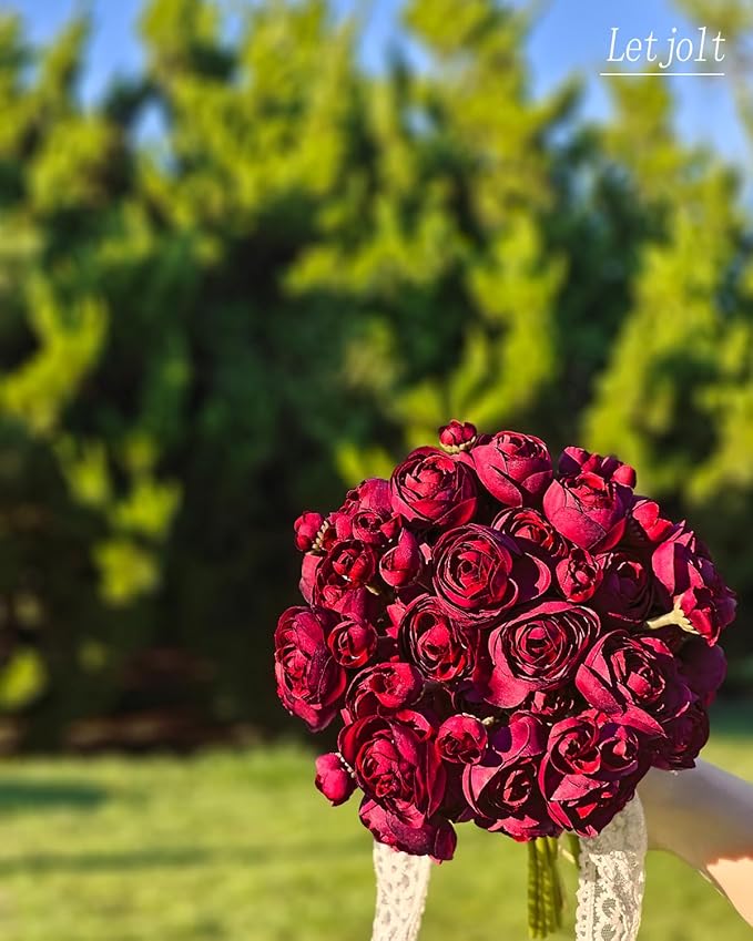 Letjolt Ranunculus Artificial Flower 18 Pcs Red Silk Ranunculus Wedding Bouquet Engagement Centerpieces Arrangements Bridal Shower Decorations Home Decor, Dark Red