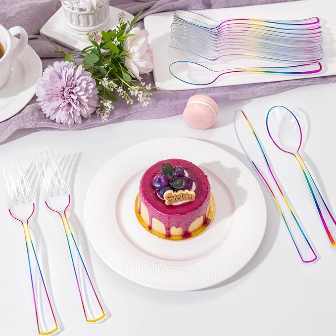 WDF 180 PCS Rainbow Plastic Silverware - Clear Colorful Cutlery Disposable Heavy Duty Include 60 Forks, 60 Knives and 60 Spoons - Colorful Disposable Utensils for Trolls Party/Birthday Party