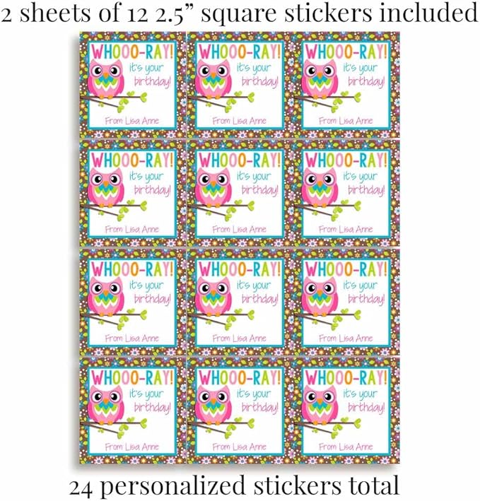 Custom & Personalized Colorful Floral Owl Happy Birthday Gift Tag Sticker Labels, 24 2.5" Square Stickers by Amanda Creation