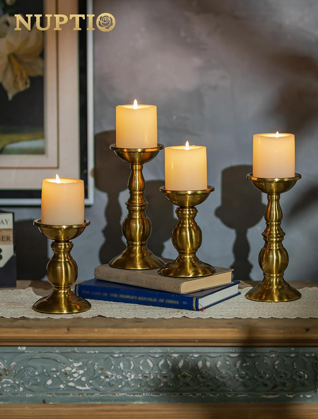 NUPTIO Gold Candle Holder for Table: Tall Brass Candleholder Decorative for Pillar Candles - Metal Vintage Stand for Christmas New Year Fireplace Table Centerpiece Set of 2 (S+L)