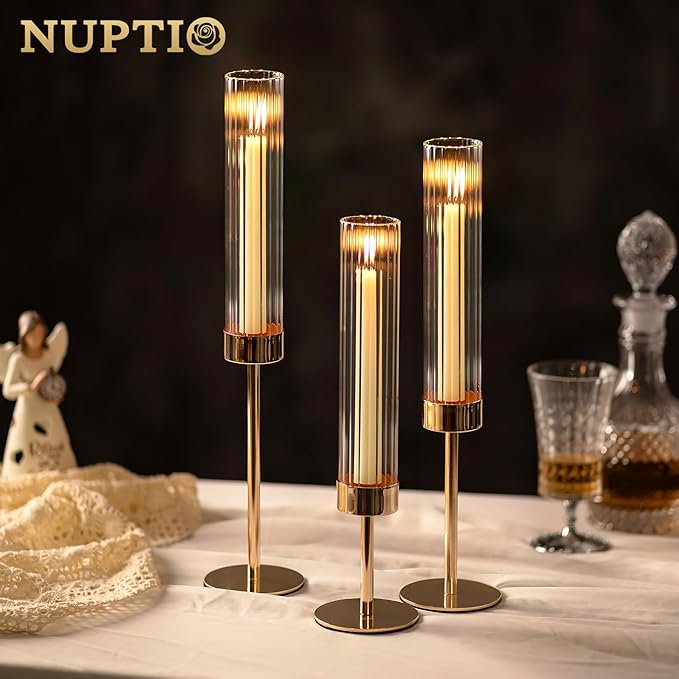 NUPTIO Tall Candlestick Holders for Centerpiece: Hurricane Candle Stick Holders with Ribbed Glass Sleeve - Gold Metal Candleholder Set of 3 for Table Fireplace Living Room Decor