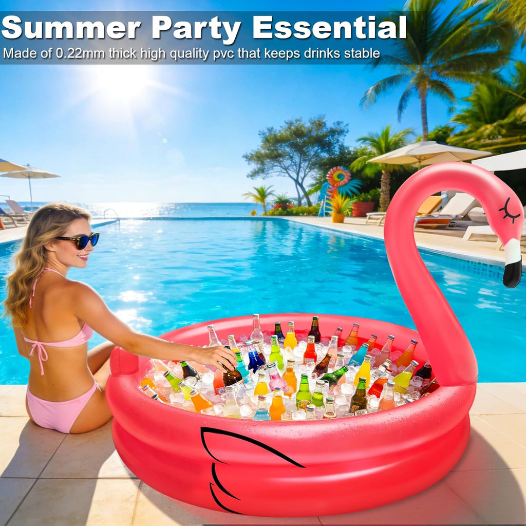 Inflatable Flamingo Cooler 130+ Cans Large Capacity Pool Party Decorations | Bottom Quick-Drain, Luau Party Decor, Flamingo Beach Hawaiian Birthday Party Supplies, Tropical Themed Summer Drink Cooler