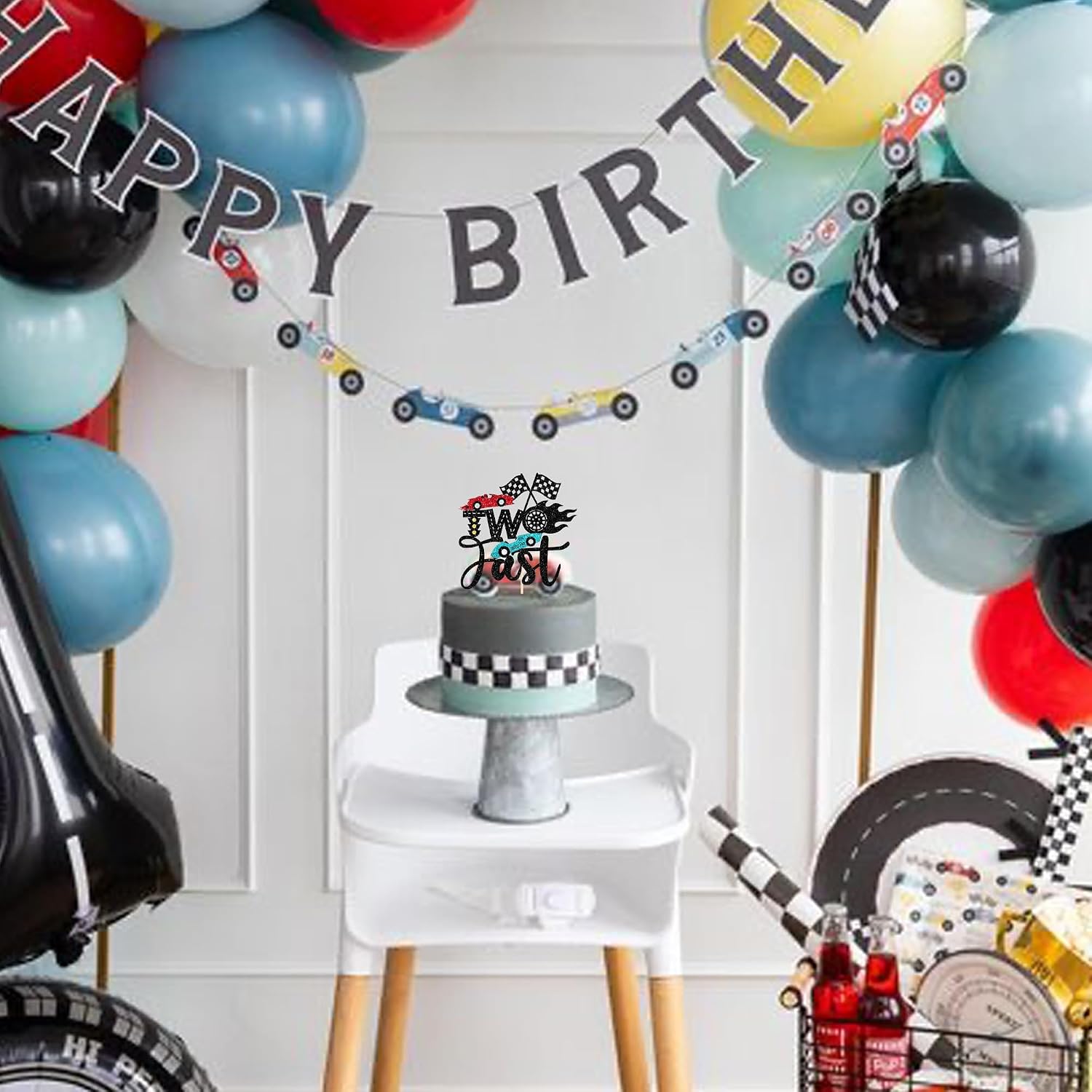 1 PCS Two Fast Cake Topper Glitter Checkered Flag Racing Car 2nd Cake Pick Cars Birthday Decorations for Let's Go Racing Car Boys Girls 2 Years Second Birthday Party Cake Decorations Supplies