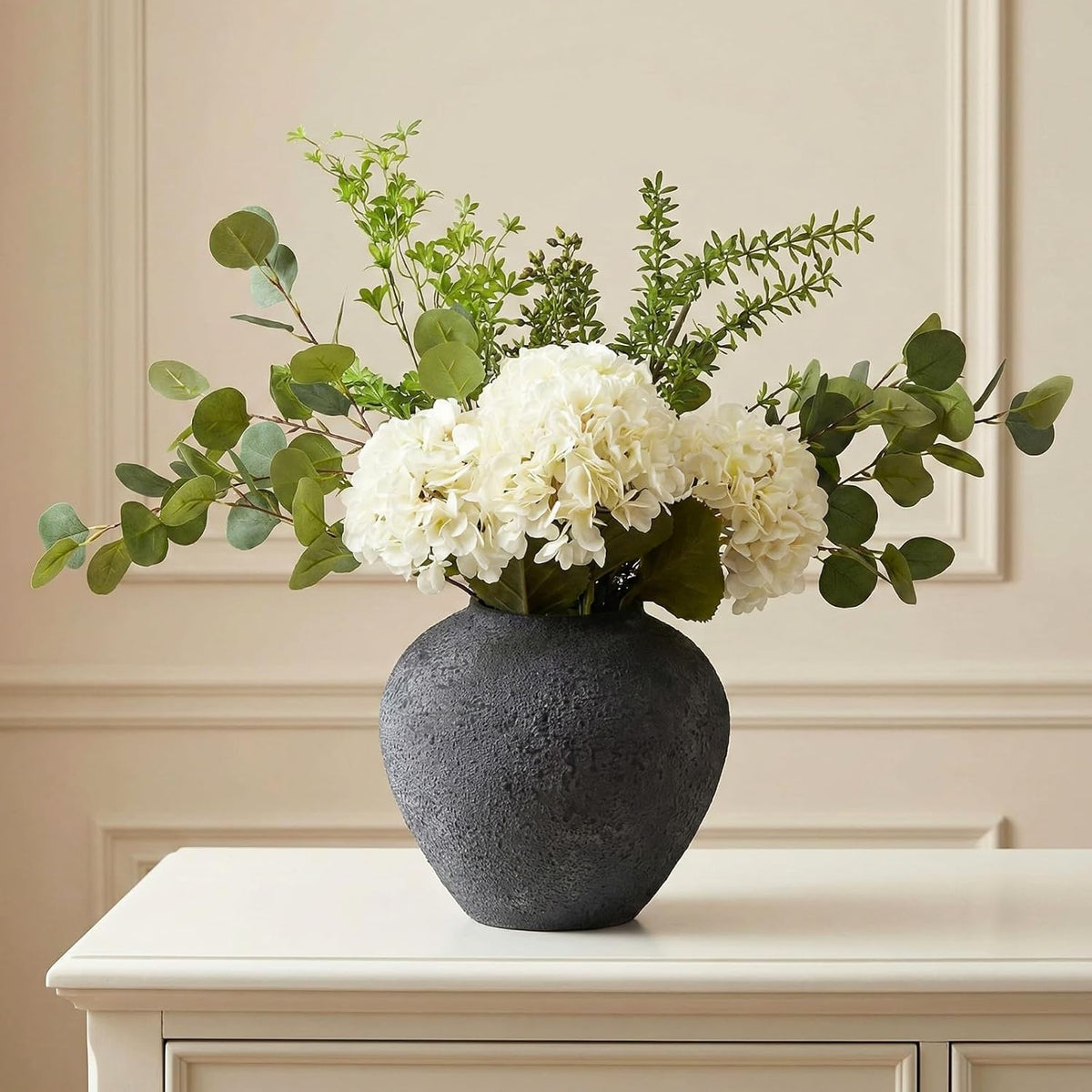 faux arrangement - eucalyptus & white hydrangea flowers, main product view