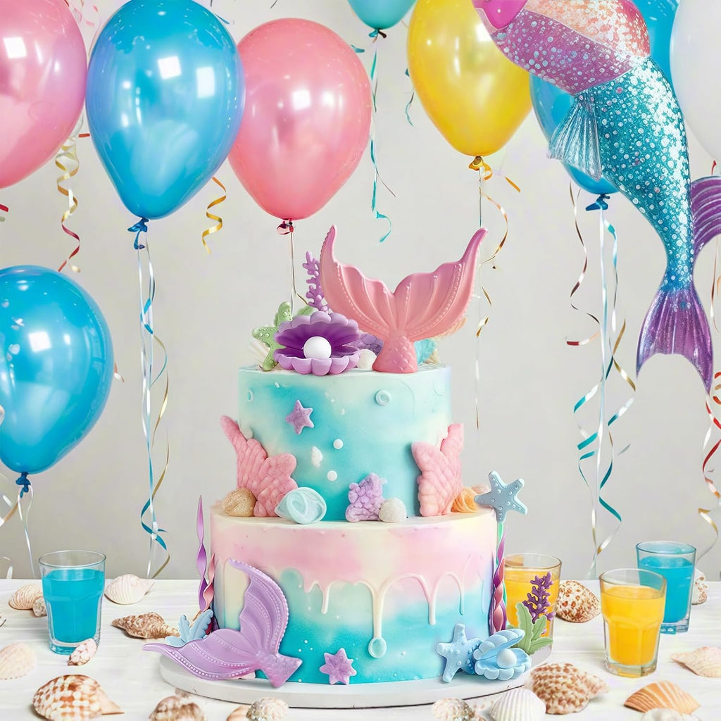 21pcs Mermaid Cake Topper - Mermaid Tail Cake Decorations with Seaweed Shells Starfish Coralal Under the Sea Cake Decorations for Birthday Party Decorations (Pink Purple)