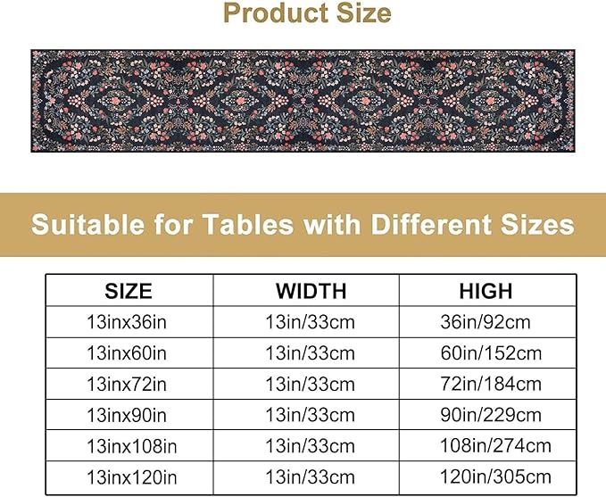 Morris Flower Table Runner, Vintage Blue Floral Rustic Country Style Floral Print Pattern for Home Kitchen Table Decor Dining Coffee Room Garden Party Decor 13x72in