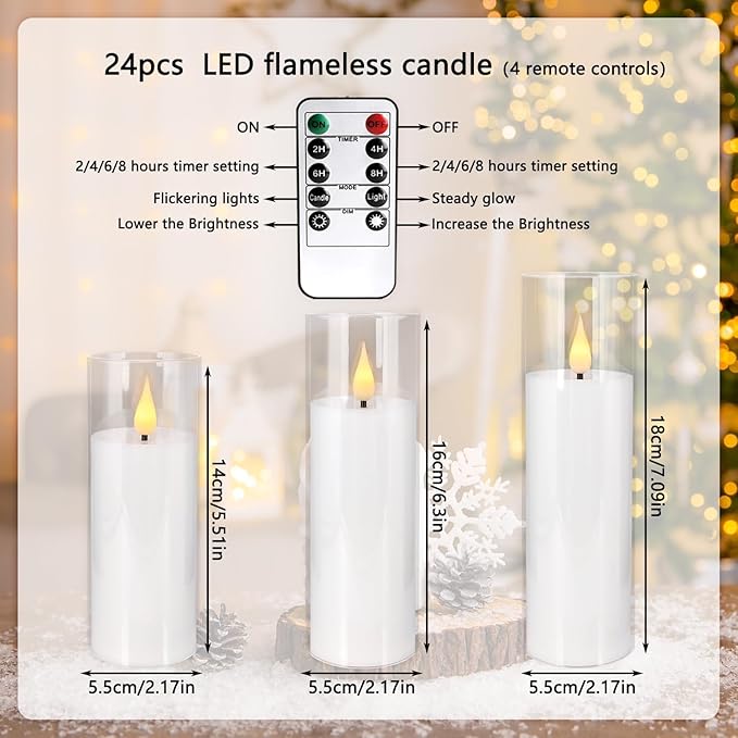 Set of 24 Flickering Flameless Candles Battery Operated with Remote and 2/4/6/8 H Timer Plexiglass Led Pillar Candles with Realistic Moving Wick Candles for Home Decor (D2.2"xH 5"6"7")(White)