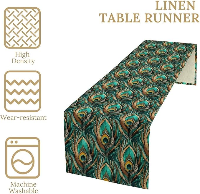 Peacock Feather Table Runner,Retro Aesthetic Green Table Runner for Home Kitchen Dining Party Indoor Outdoor Decoration 13x70 Inch