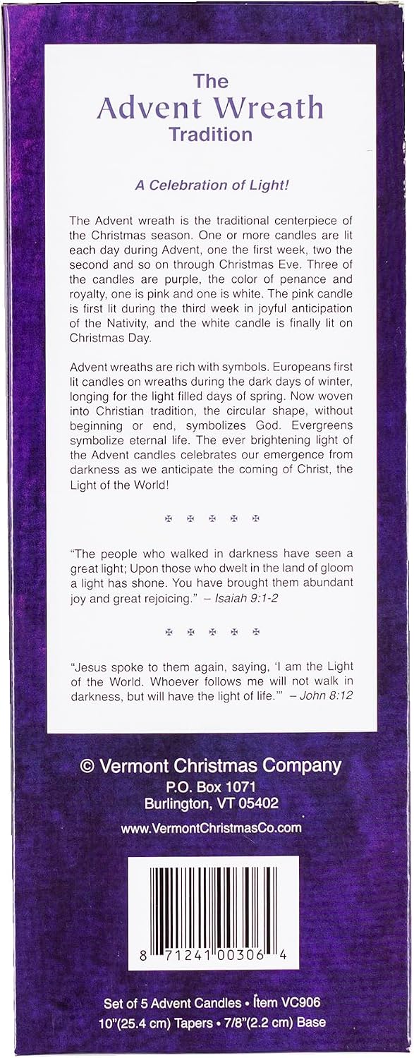 Christmas Advent Candles (Set of 5) - 10" Wax Taper Candles by Vermont Christmas Company - 3 Purple, 1 Pink, 1 White