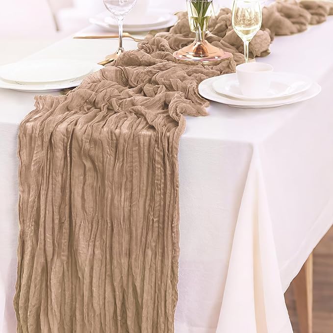 6-Pack Khaki Cheesecloth Table Runners – 10FT (35x120 Inch) Boho Rustic Gauze Fabric Cheese Cloth Table Runner for Weddings, Baby Showers, Bridal Shower, Farmhouse & Birthday Party Decor