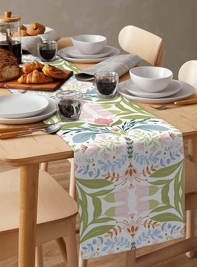 Green Blue Pink Boho Floral Cotton Linen Table Runner for Dining Kitchen, Wedding Outdoor Party Tablerunners Decoration, Retro Bohemian Botanical Dresser Scarf Coffee Tablecloth Runners 13x48 Inches