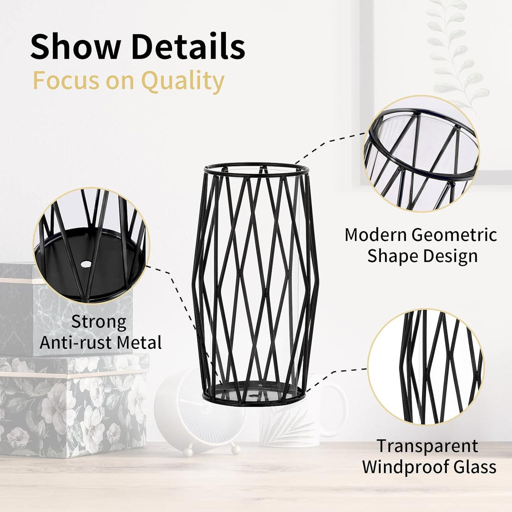 NUPTIO Black Geometric Hurricane Glass Candle Holder, 1 Piece | Compact Diamond Frame, Clear Cylinder Vase, for Flowers, Pillar & Floating Candles, Office or Dining Table Decor