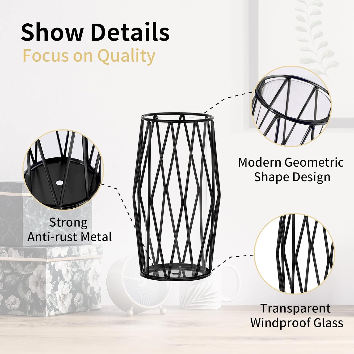 NUPTIO Black Geometric Hurricane Glass Candle Holder, 1 Piece | Compact Diamond Frame, Clear Cylinder Vase, for Flowers, Pillar & Floating Candles, Office or Dining Table Decor