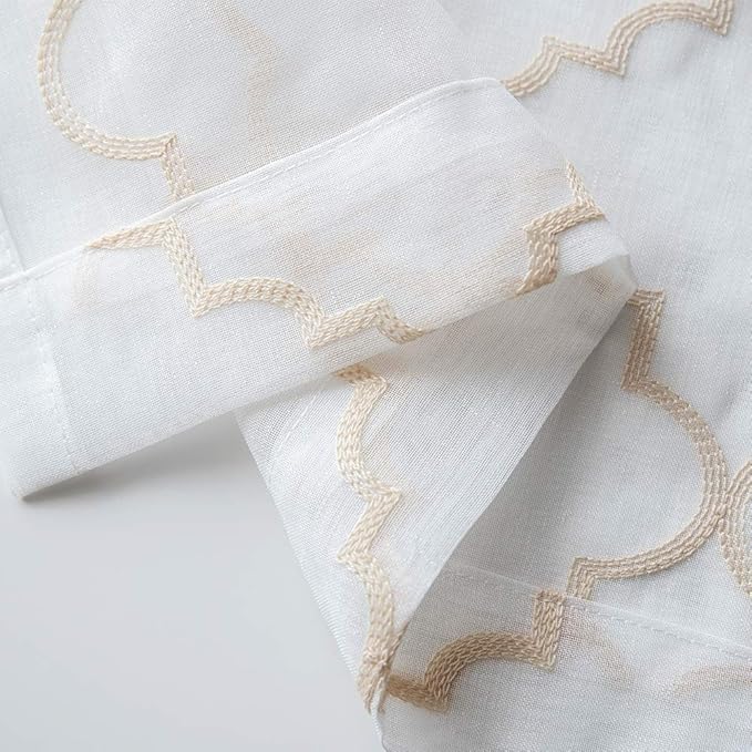 Embroidered Moroccan Tile Lattice Design Gold Sheer Curtains 84 Inch Long, Rod Pocket Sheer Drapes for Living room, Bedroom, 2 Panels, 52"x84", Semi Voile Window Treatments for Yard, Villa, Parlor.