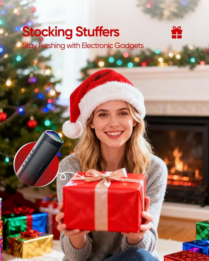 Bluetooth Speaker with HD Sound, Portable Wireless, IPX5 Waterproof, Up to 20H Playtime, TWS Pairing, BT5.3, for Home/Party/Outdoor/Beach, Stocking Stuffers, White Elephant Gifts for Adults (Black)