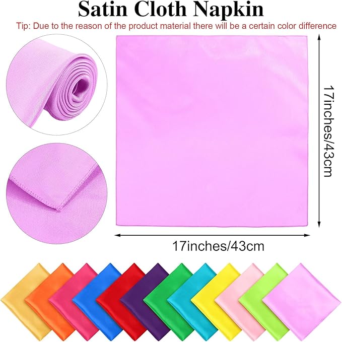 Aneco 12 Pieces Satin Napkins Soft Dinner Napkins Multicolor Square Weddings Table Napkins 17 x 17 Inches for Restaurant Weddings Party Dinner Decoration (Rainbow)