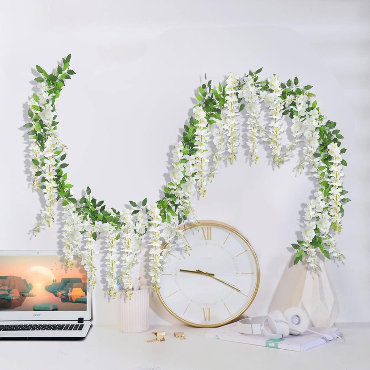 u'artlines 10pcs 7.2 ft/piece artificial wisteria garland white, front angle view
