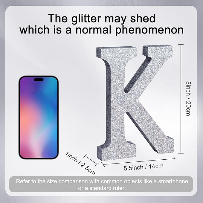 TONIFUL 8 Inch Silver Glitter Letter K Table Centerpiece A-Z Silver Birthday Party Decorations,Silver Alphabet K for Birthday,Chrismas,Graduation,Bridal Shower,Wedding,Anniversary Party Supplies