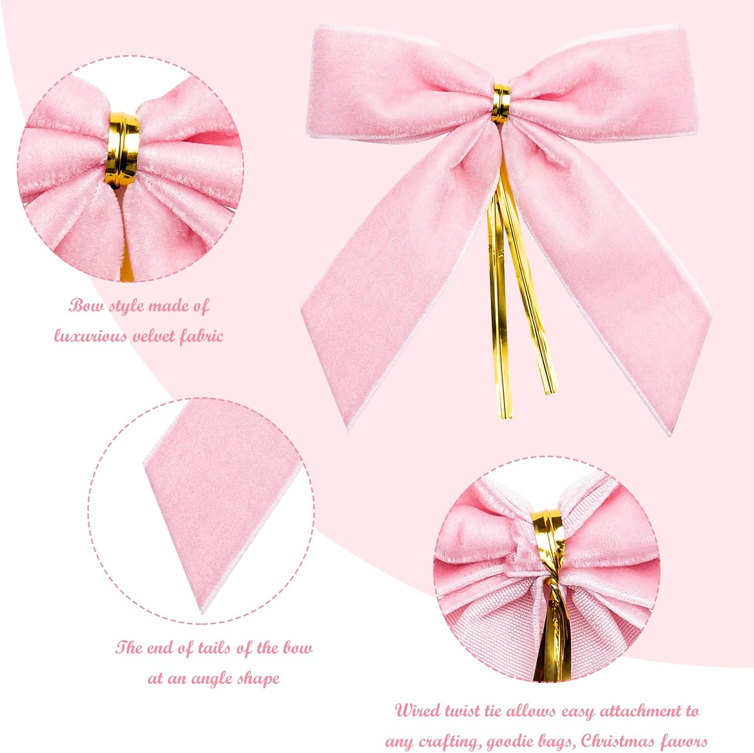 WRAPAHOLIC 24 Pcs Small Pink Velvet Christmas Bows - Pink Twist Tie Bows for Christmas Tree, Wreath, Gift Wrapping, Wedding, Crafts, Home Decor - 3.5 x 3.5 inch