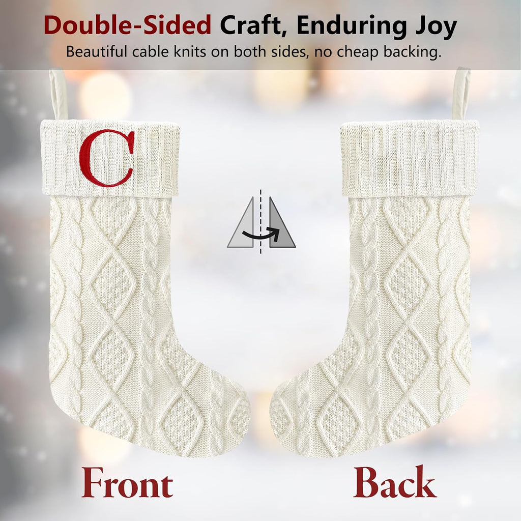Senneny Christmas Stockings with Initials, 20” Large Embroidered Monogram Knitted Stockings for Family, Kids, Xmas Holiday Party Gifts & Decoration for Fireplace, White, Letter A