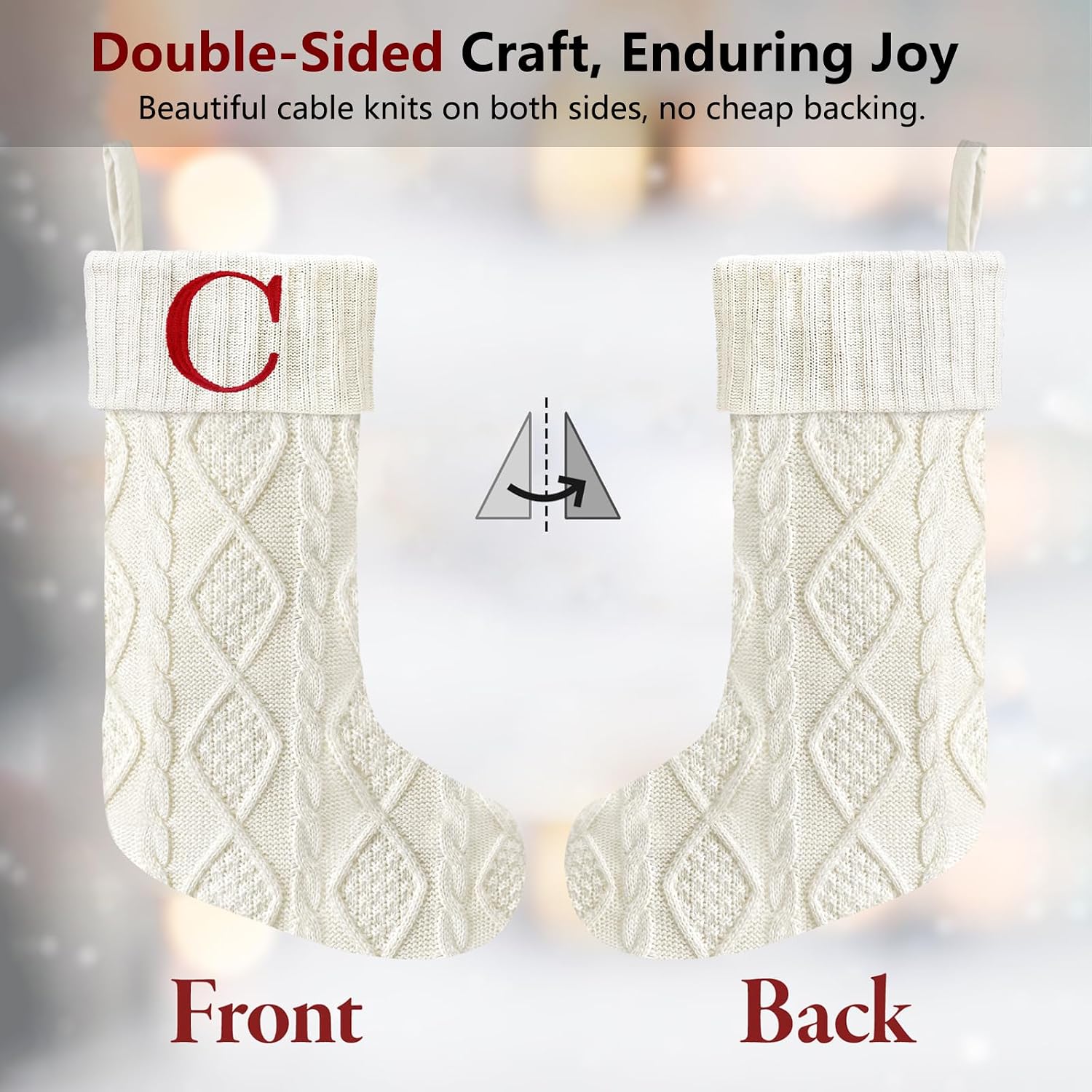 Senneny Christmas Stockings with Initials, 20” Large Embroidered Monogram Knitted Stockings for Family, Kids, Xmas Holiday Party Gifts & Decoration for Fireplace, White, Letter A