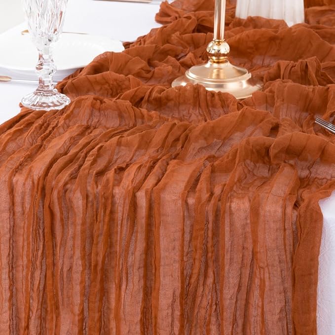 MLMW 10 Pack Fall Thanksgiving Table Runner Cheesecloth Autumn Harvest Rust Terracotta Cheese Cloth Boho Gauze 160 inch Table Runner 13.3ft for Wedding Party Baby Bridal Shower Birthday