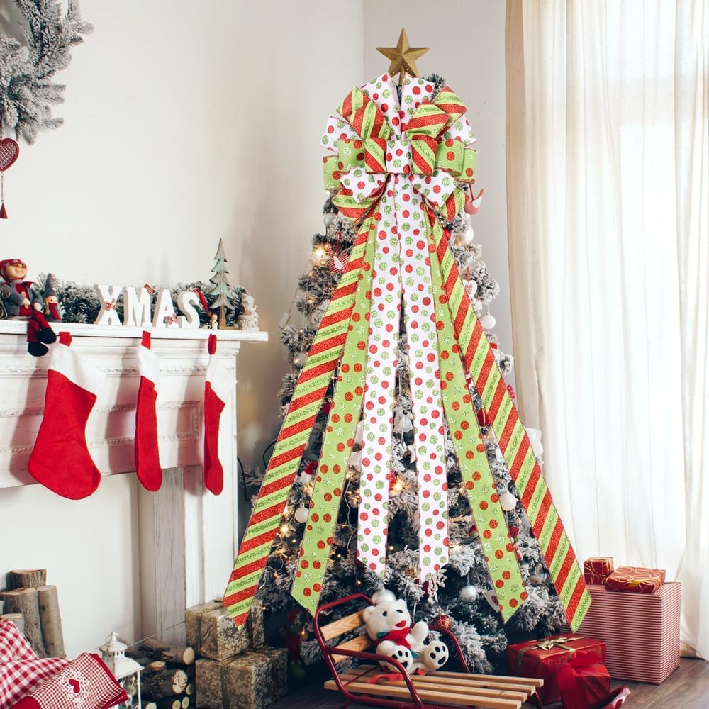 Christmas Tree Topper Wreath Bow Large Green Christmas Bow Tree Topper, 45"x13" Red Green Dot Polyester Gift Ribbon for Xmas Ornament Holiday Home Wedding Thanksgiving Indoor/Outdoor Decoration