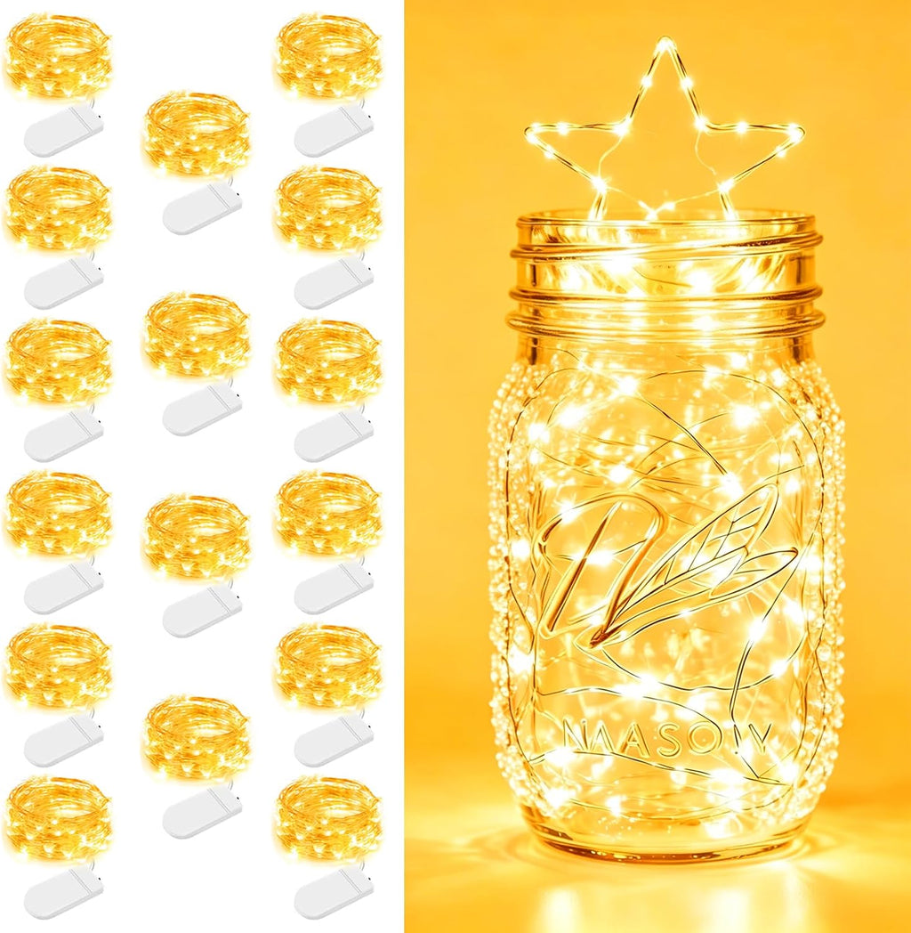 16 Pack Fairy Lights Battery Operated 7ft 20 LED String Lights Mini Twinkle Lights Silver Wire Firefly Starry Lights for DIY Mason Jar Wedding Centerpiece Table Party Christmas Decorations, Warm White
