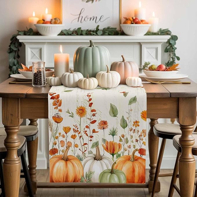 Fall Wildflowers Cotton Linen Table Runner for Dining Kitchen, Thanksgiving Pumpkin Outdoor Party Rustic Tablerunners Decoration, Botanical Floral Vintage Dresser Scarf Tablecloth Runners 13x72 Inches