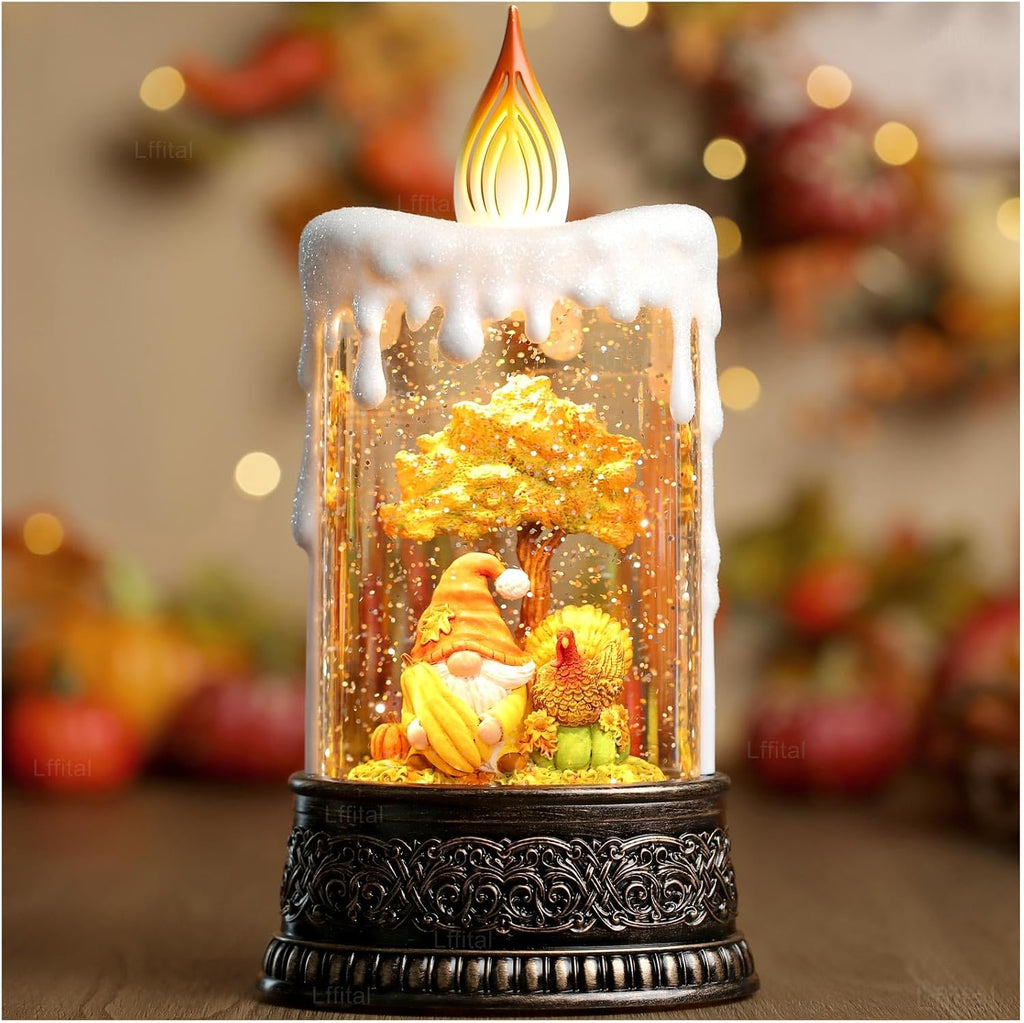 Fall Snow Globe Lantern Fall Decor Candle Shape with Gnome and Turkey, Lighted Thanksgiving Decorations with Timer Swirling Glitter for Tabletop Autumn Festival Harvest Day