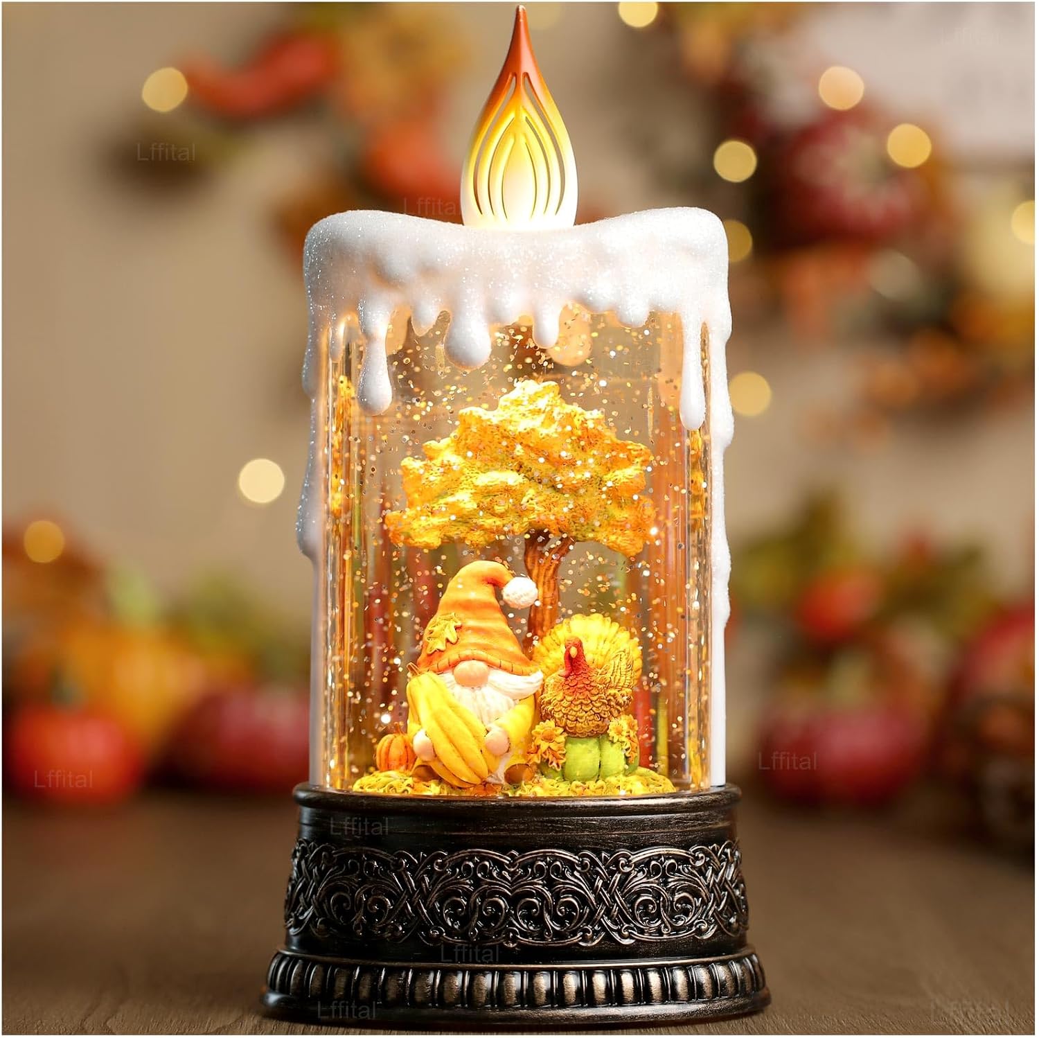 Fall Snow Globe Lantern Fall Decor Candle Shape with Gnome and Turkey, Lighted Thanksgiving Decorations with Timer Swirling Glitter for Tabletop Autumn Festival Harvest Day