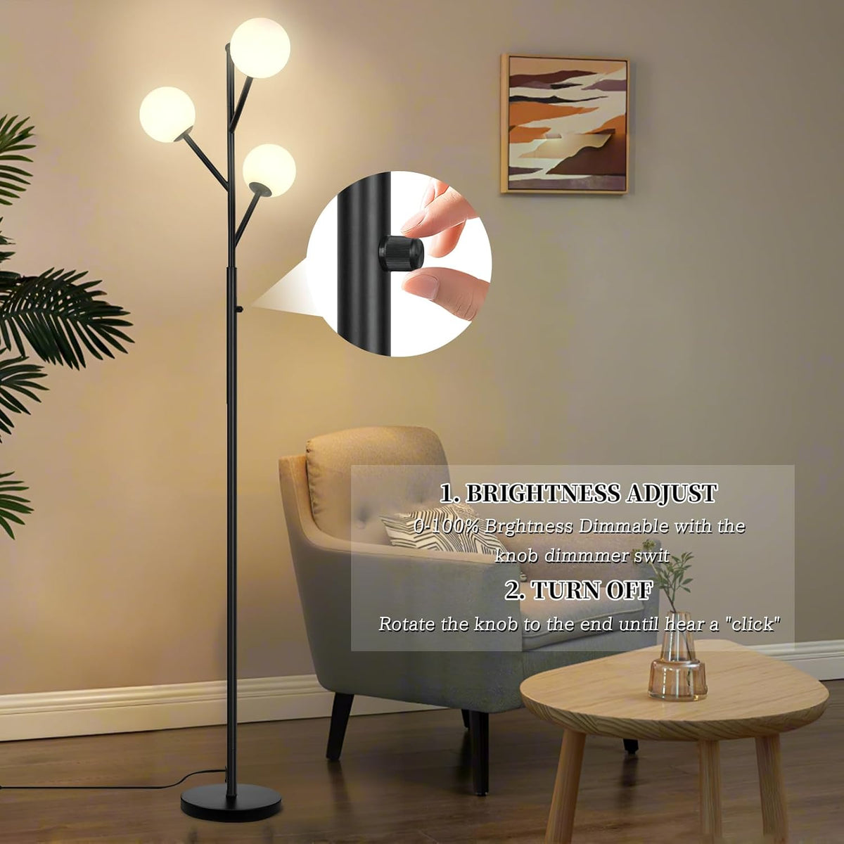 ldeco 3-globe mid century black tree floor lamp shown in use