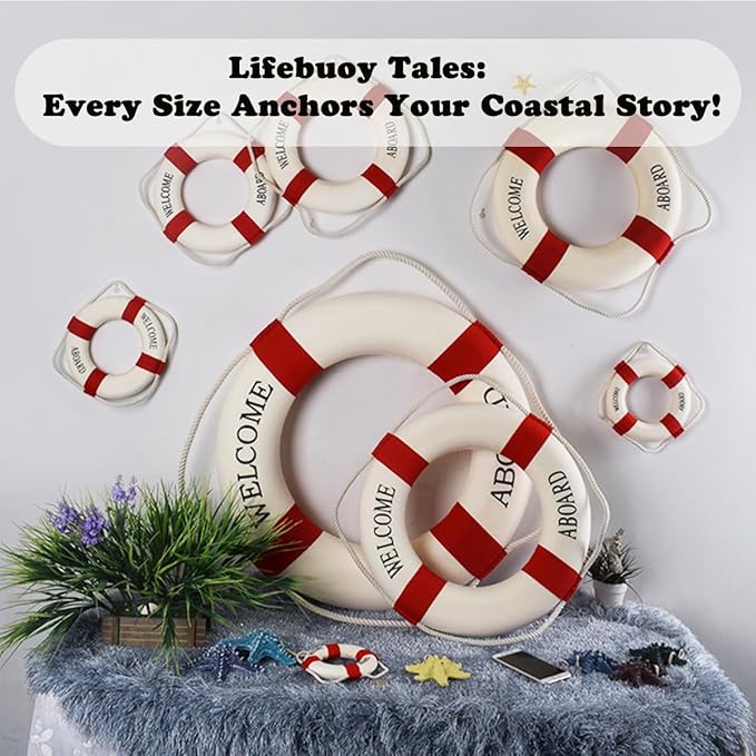 MorroMorn Lifebuoy Wall Hanging Decor - Welcome Aboard Mediterranean Style Home Decoration (Red, 14")